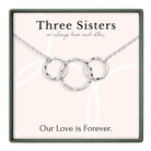 a necklace with three interlocking rings, accompanied by a message that reads "Three Sisters we always have each other" and "Our Love is Forever."