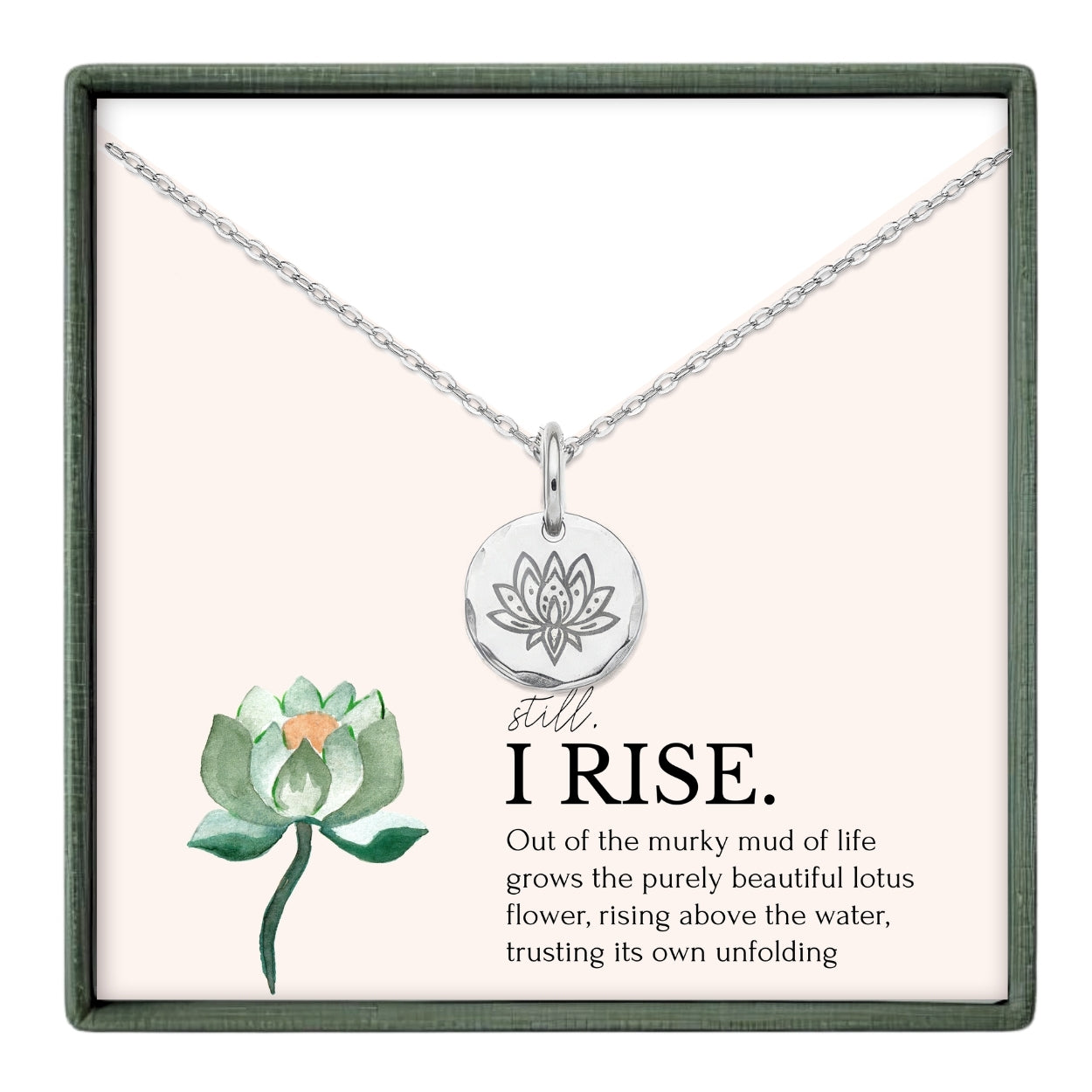 a silver necklace with a pendant, and there is a watercolor illustration of a lotus flower next to it.