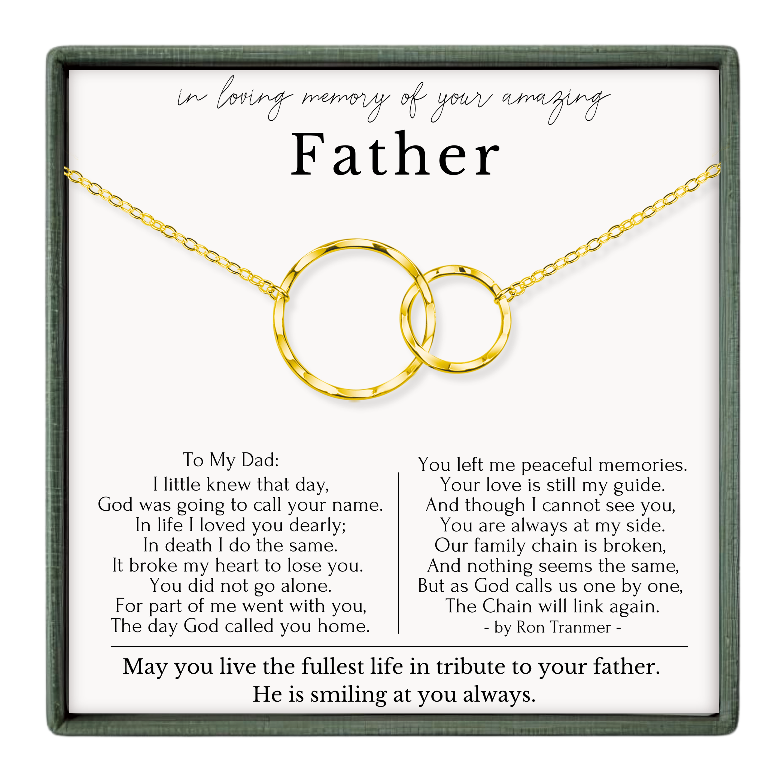 a heartfelt message expressing love and remembrance for a father, accompanied by a necklace with two gold rings. The message is written in a formal and emotional tone, conveying the speaker's deep affection and respect for the father.