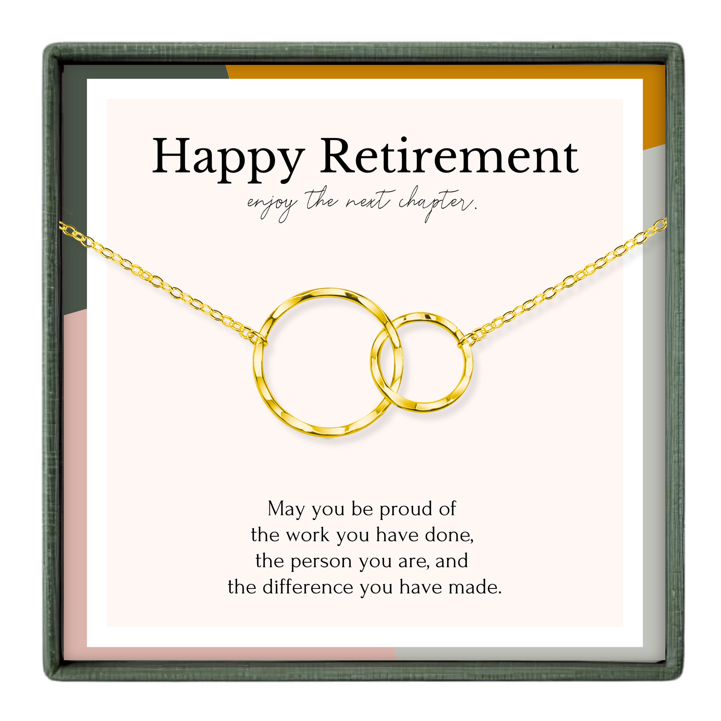 The image is a necklace with two gold rings, accompanied by a message that reads "Happy Retirement, enjoy the next chapter."