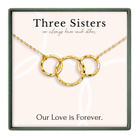 a necklace with three interlocking rings, accompanied by the text "Three Sisters" and "Our Love is Forever."