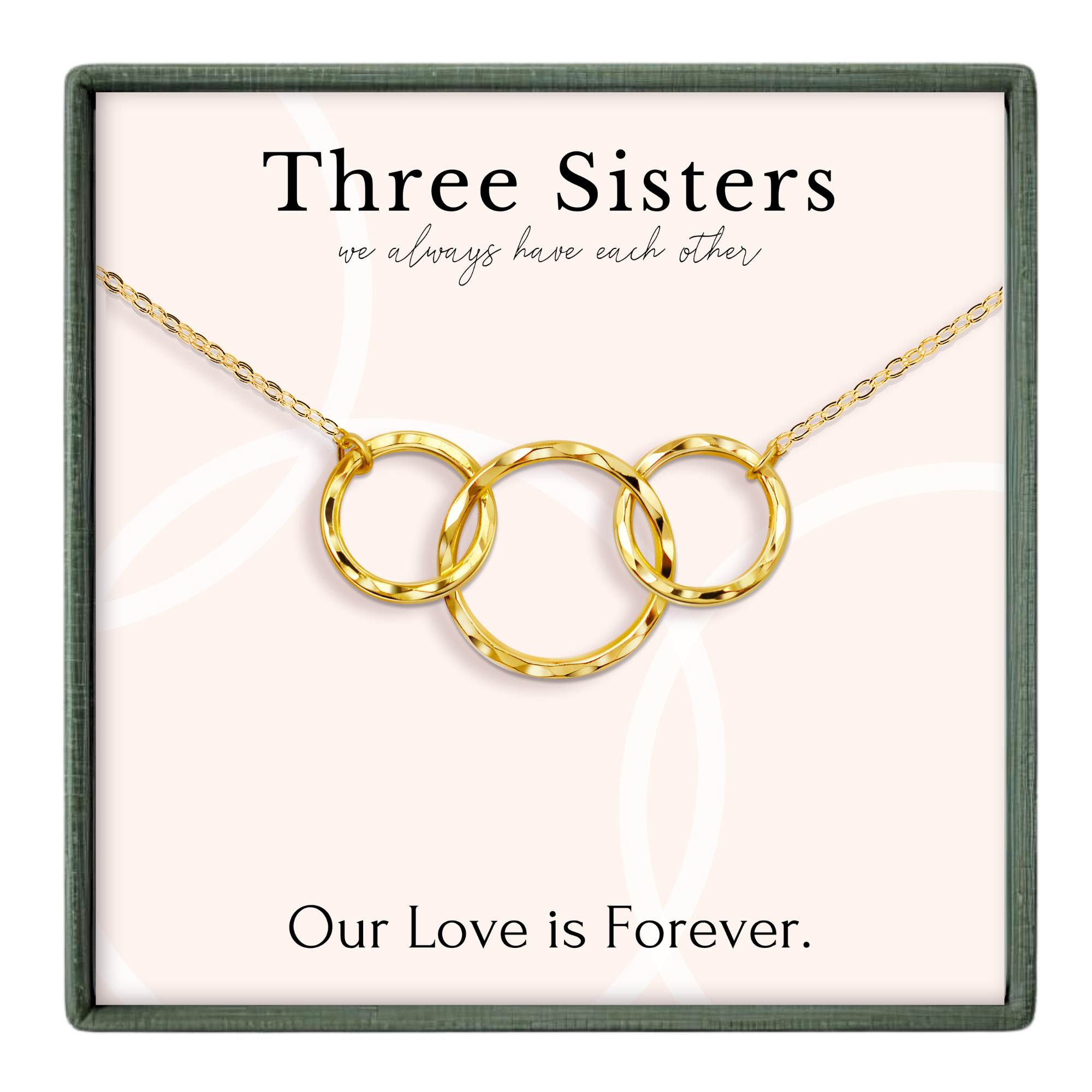 a necklace with three interlocking rings, accompanied by the text "Three Sisters" and "Our Love is Forever."