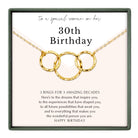 The image is a birthday card for a woman, celebrating her 30th birthday. The card features a necklace with three gold rings, and it includes a message about the woman's dreams and experiences that have shaped her, as well as the future possibilities that await her.