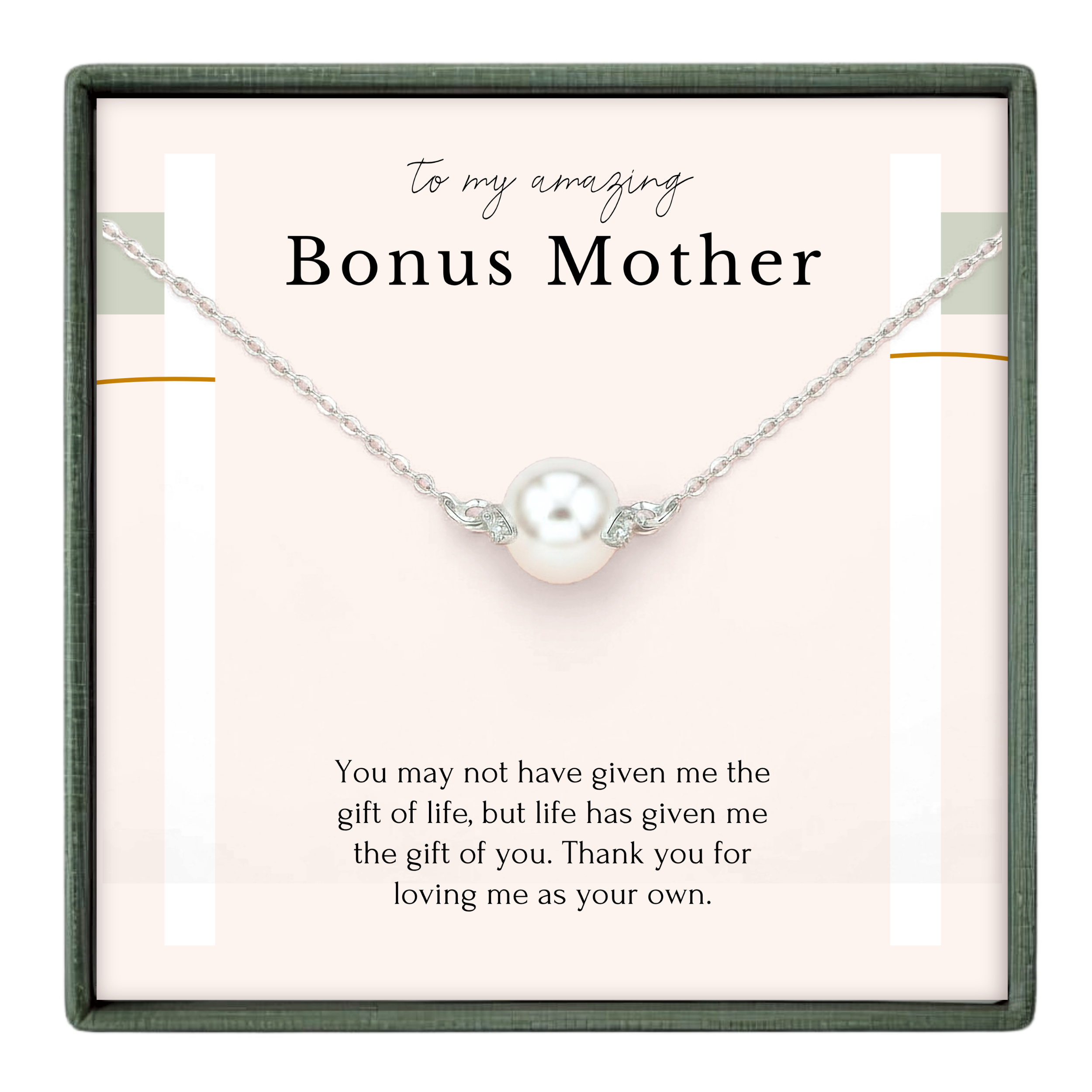 a silver necklace with a pearl pendant, accompanied by a heartfelt message expressing gratitude and love for a mother.