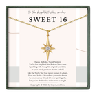 The image is a necklace box with a gold star pendant and a poem about Sweet 16.