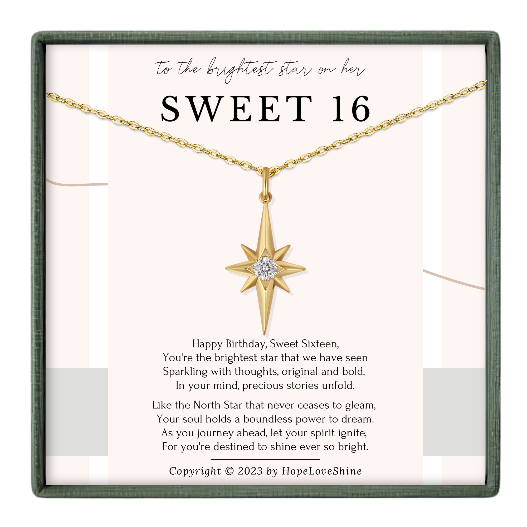 The image is a necklace box with a gold star pendant and a poem about Sweet 16.