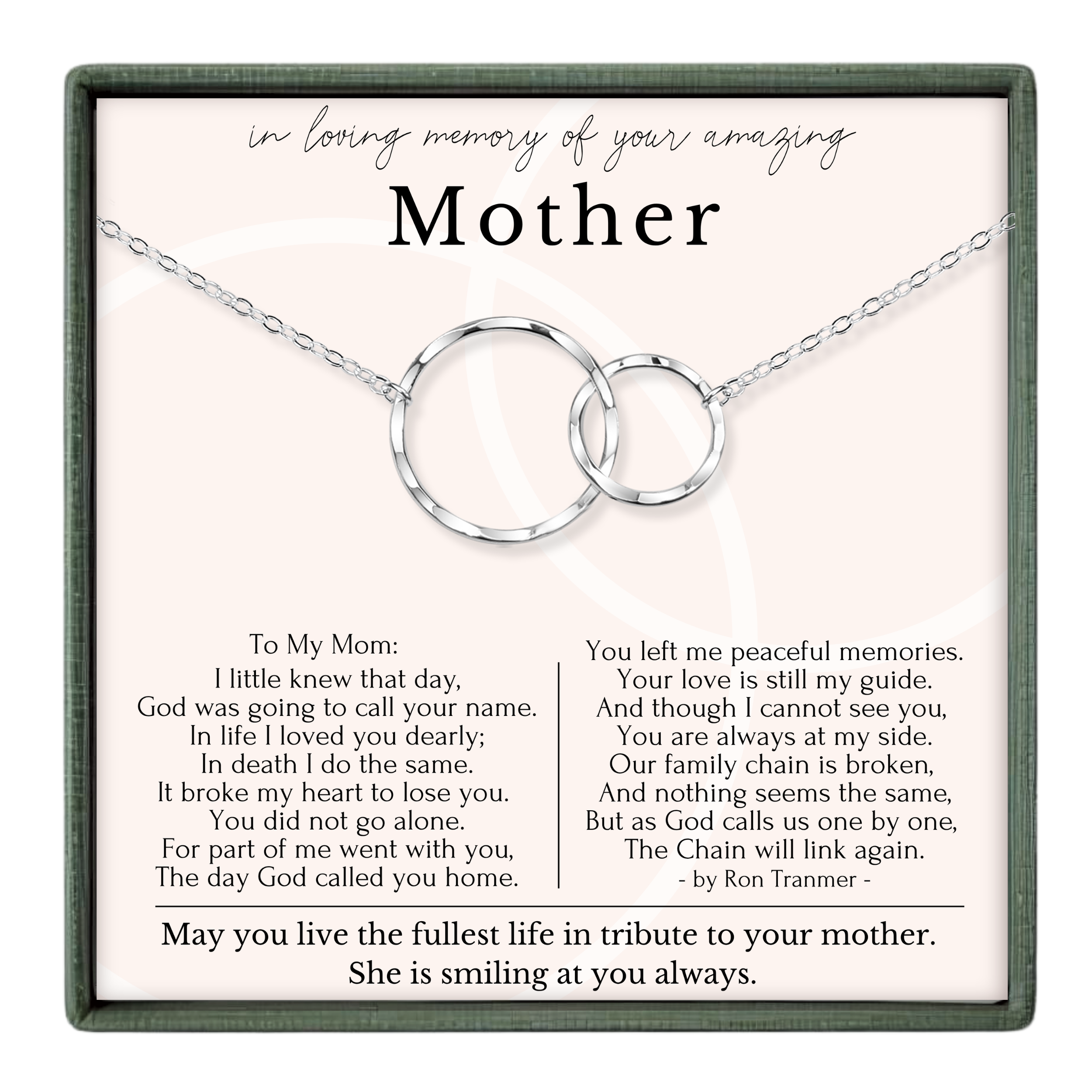 The image is a memorial box for a mother, containing a necklace with two interlocking rings and a heartfelt poem expressing love and remembrance.