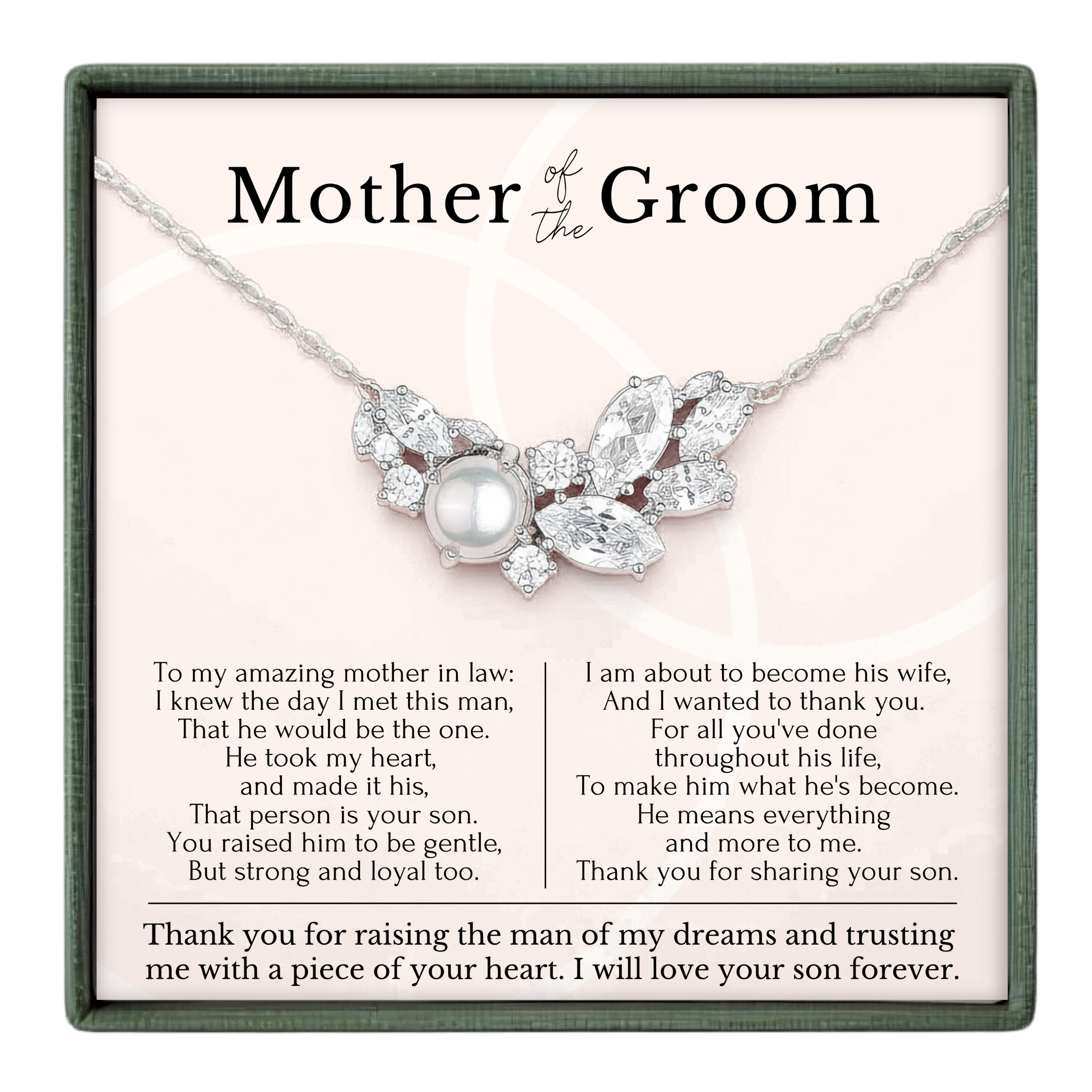 The image is a necklace with a pendant, accompanied by a heartfelt message expressing gratitude and love for the mother of the groom.