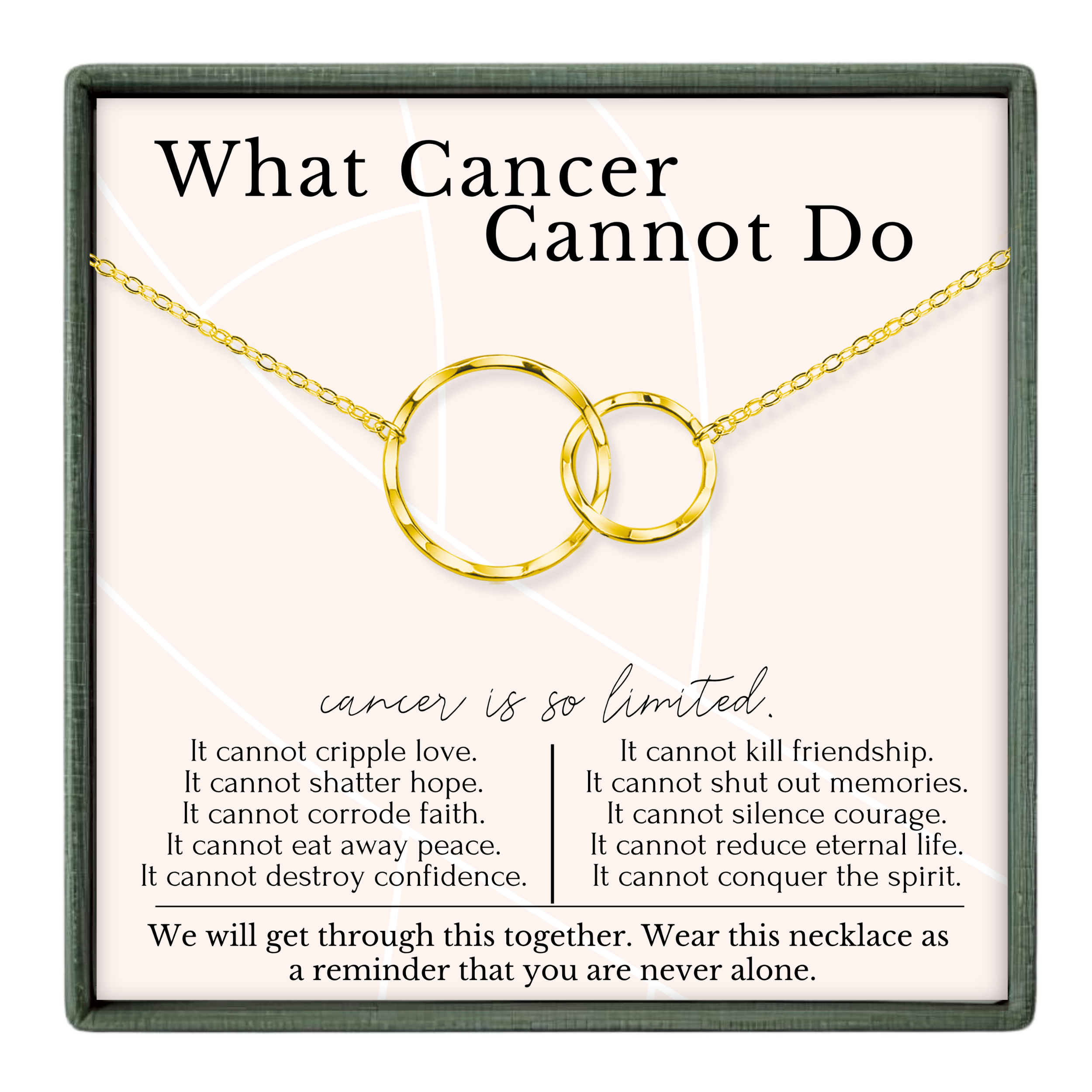 The image is a necklace with two gold rings, accompanied by a message about cancer and friendship.