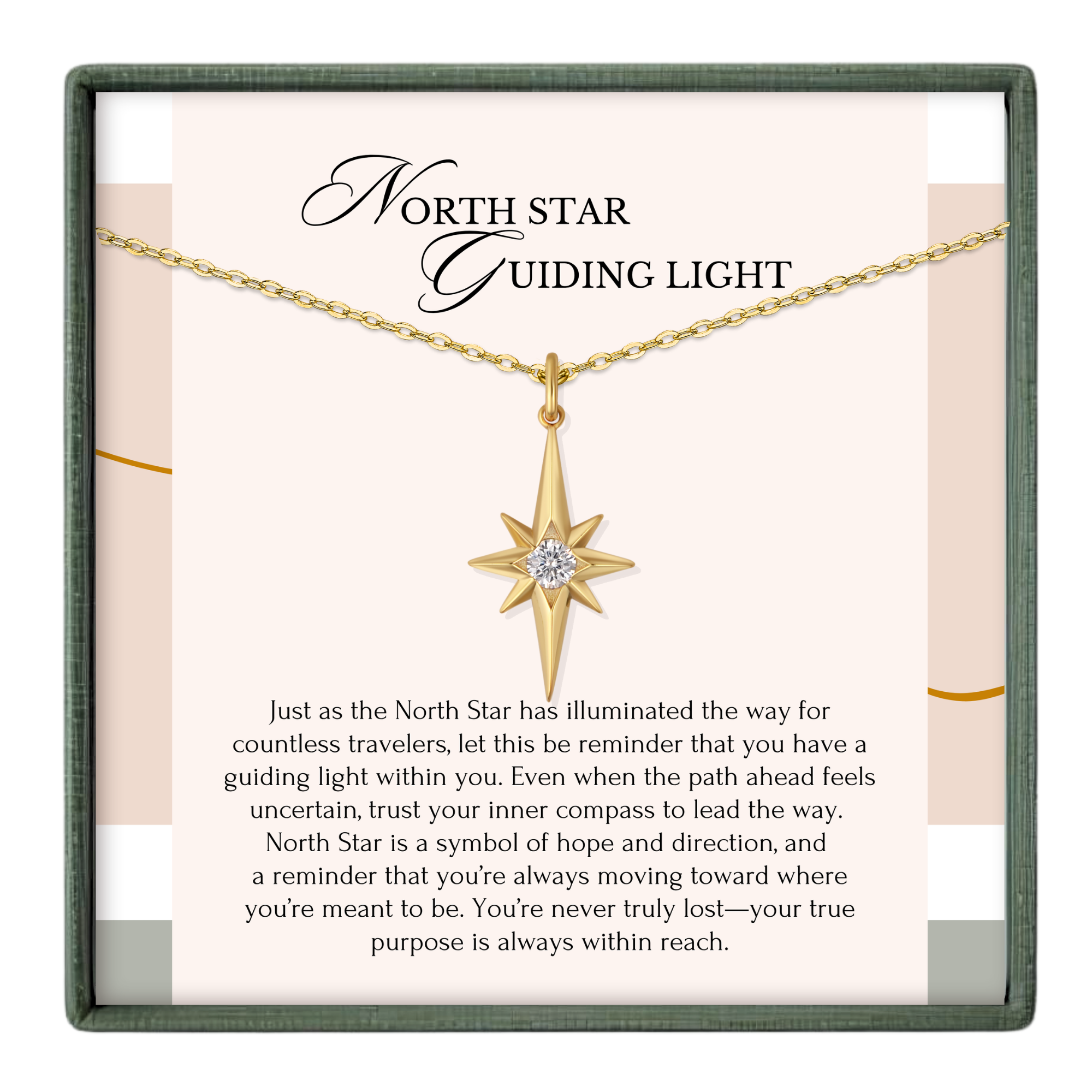 a necklace with a pendant in the shape of a star, accompanied by a message about the North Star and its symbolism.