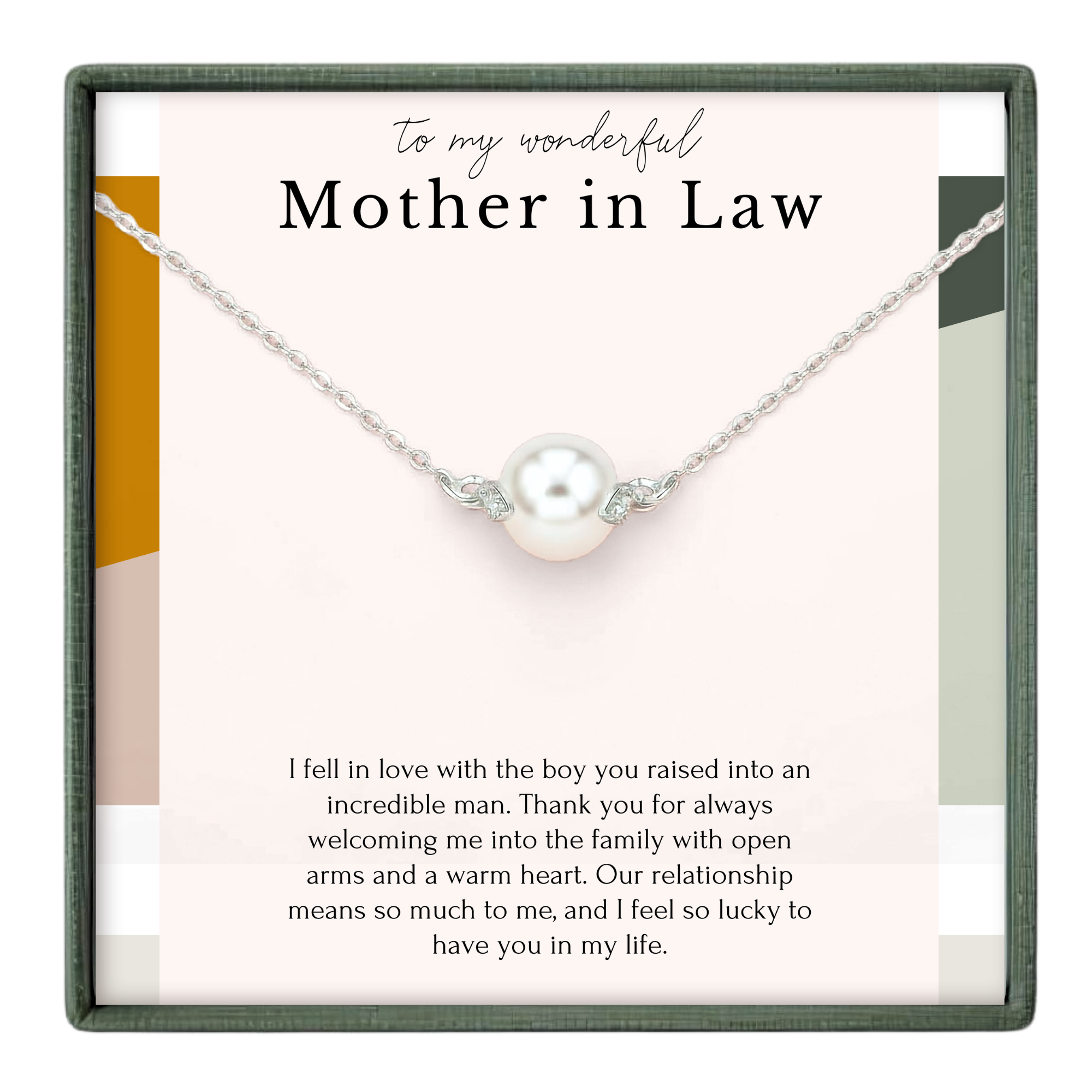 The image is a necklace with a pearl pendant, accompanied by a heartfelt message expressing love and appreciation for the mother in law.