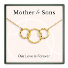 A necklace with three interlocking gold rings, accompanied by the text "Mother & Sons" and "Our Love is Forever."