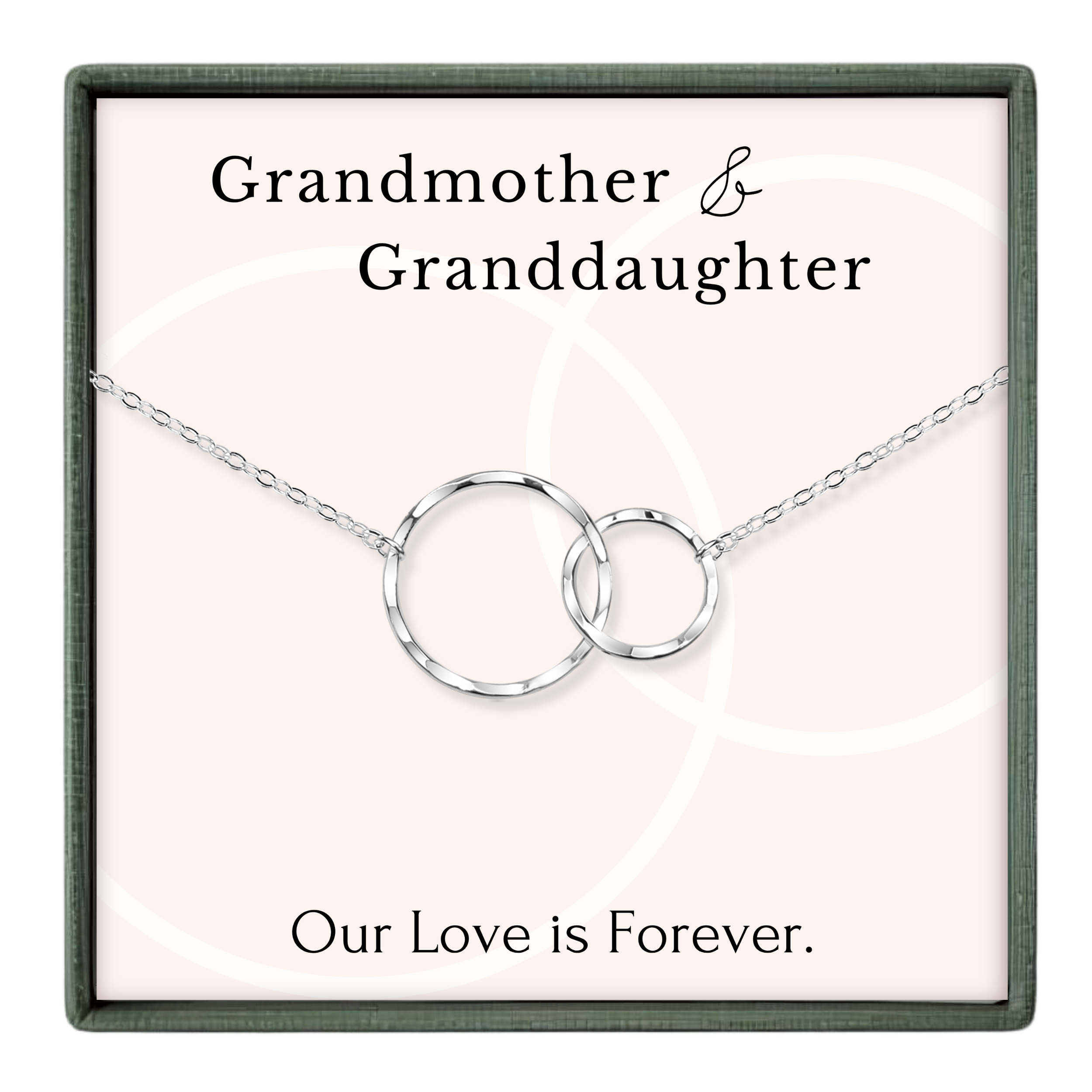 A necklace with two interlocking silver rings, accompanied by the text "Grandmother & Granddaughter" and "Our Love is Forever."