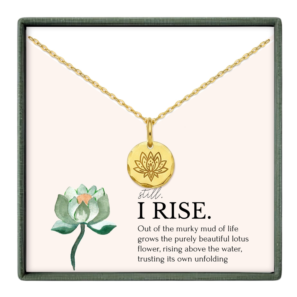a necklace with a pendant and a watercolor illustration of a lotus flower.