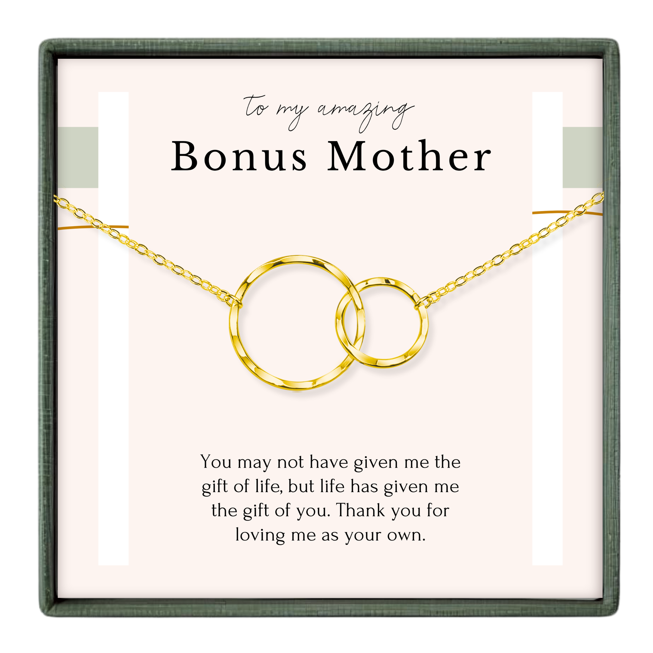 The image is a gift box containing a necklace with two gold rings, accompanied by a heartfelt message expressing gratitude and love for the mother.